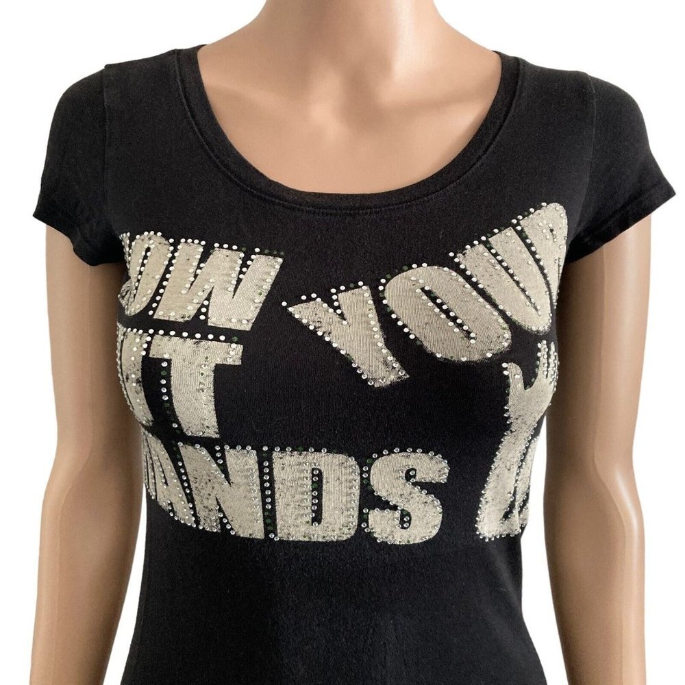 Now Put Your Hands Up Tshirt Womens Small Black White Rhinestone Stretch